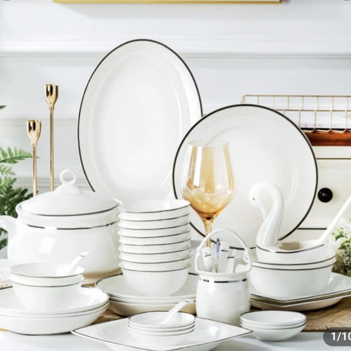 A white ceramic bowl and plate set displayed on a phone shopping screen, with product text below showing 'Nordic ceramic bowl and plate set